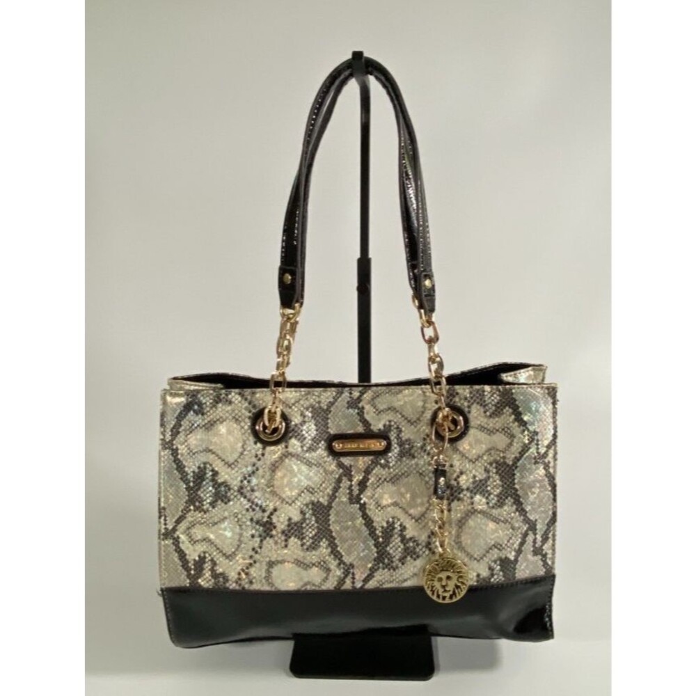 Anne Klein Faux Snakeskin Tote Purse Gold Lion Charm Patent Bag READ Wear